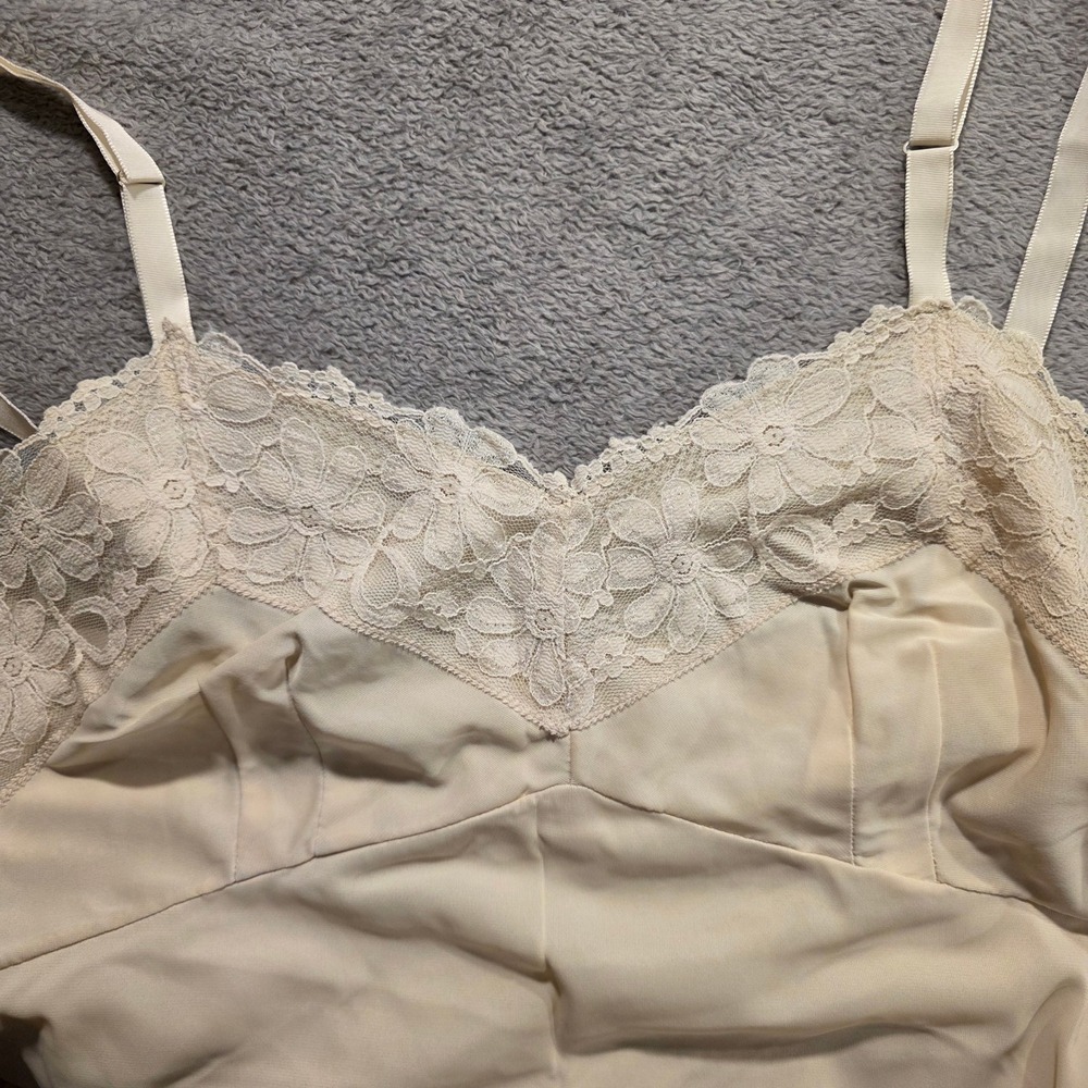 Vintage Lace Trim Full Slip Chemise Beige Nude Floral Lingerie Adjustable Straps